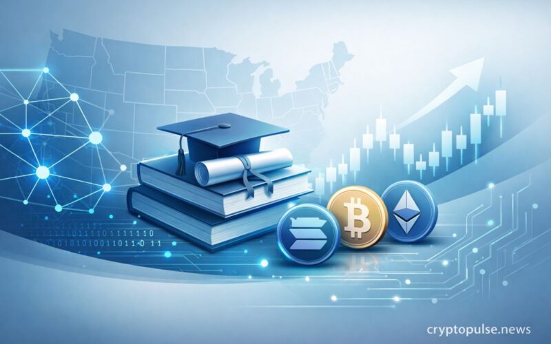 US map, blockchain network, crypto coins and graduation cap symbolize DeFi education growth and demand for blockchain skills