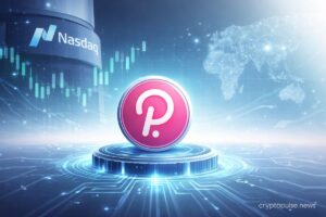 Polkadot DOT coin with blockchain network and market chart as 21Shares launches the first spot Polkadot ETF on Nasdaq.