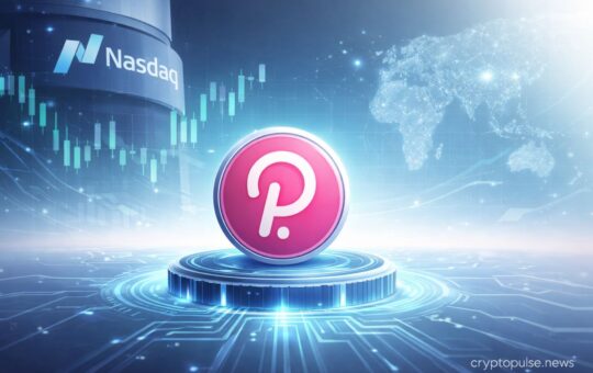 Polkadot DOT coin with blockchain network and market chart as 21Shares launches the first spot Polkadot ETF on Nasdaq.