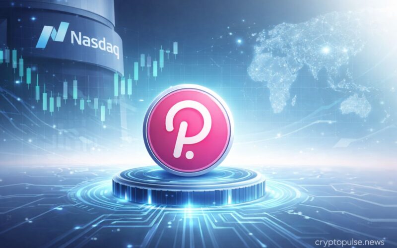 Polkadot DOT coin with blockchain network and market chart as 21Shares launches the first spot Polkadot ETF on Nasdaq.