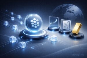 Abstract tokenized ETF with blockchain network linking stocks, bonds, and gold assets on a global digital finance background