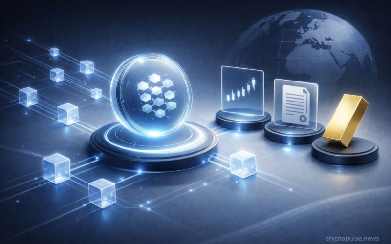 Abstract tokenized ETF with blockchain network linking stocks, bonds, and gold assets on a global digital finance background