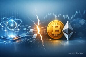 Quantum computing breaking blockchain security with Bitcoin and Ethereum symbols and network disruption visualization