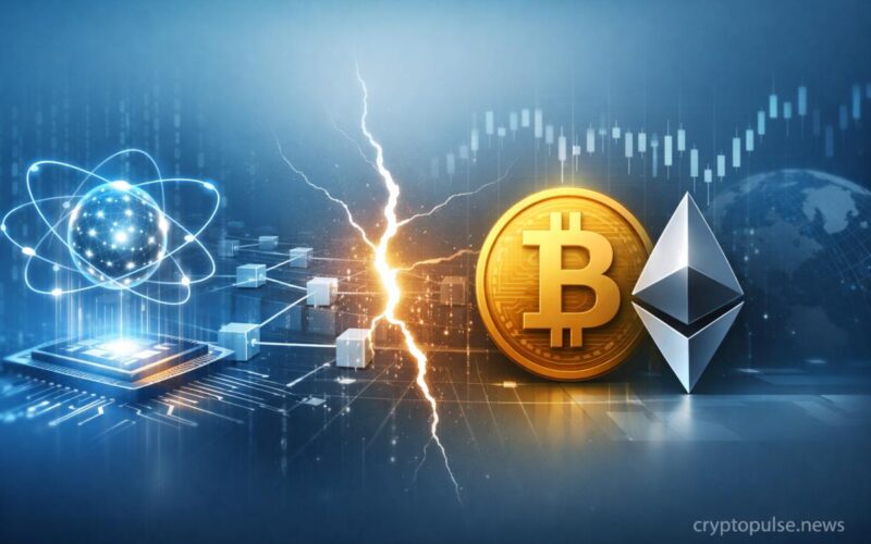 Quantum computing breaking blockchain security with Bitcoin and Ethereum symbols and network disruption visualization