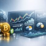 Crypto market analysis dashboard showing Bitcoin, Ethereum, market cap, BTC dominance, futures data, and trading charts on digital screens