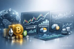 Crypto market analysis dashboard showing Bitcoin, Ethereum, market cap, BTC dominance, futures data, and trading charts on digital screens