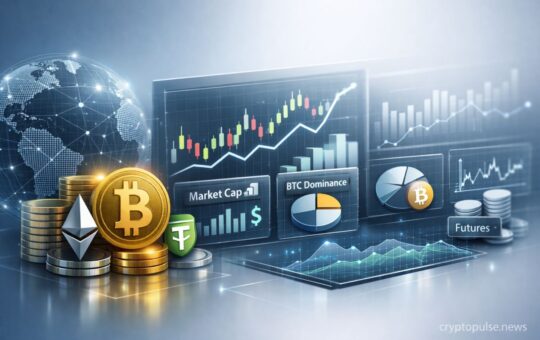 Crypto market analysis dashboard showing Bitcoin, Ethereum, market cap, BTC dominance, futures data, and trading charts on digital screens