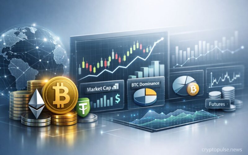 Crypto market analysis dashboard showing Bitcoin, Ethereum, market cap, BTC dominance, futures data, and trading charts on digital screens