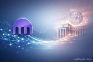 Kraken exchange icon connected to the U.S. Federal Reserve building via a glowing digital payment network symbolizing crypto banking integration.