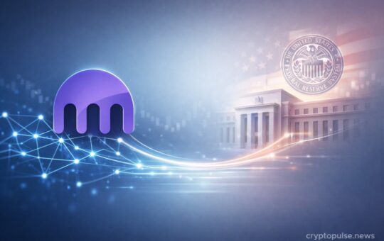 Kraken exchange icon connected to the U.S. Federal Reserve building via a glowing digital payment network symbolizing crypto banking integration.