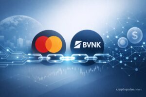 Mastercard and BVNK linked by blockchain chain, symbolizing stablecoin payments and integration of crypto with traditional finance