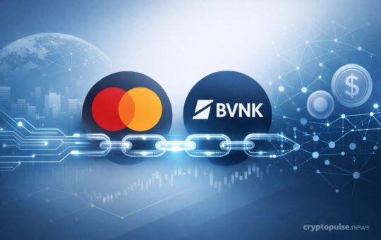 Mastercard and BVNK linked by blockchain chain, symbolizing stablecoin payments and integration of crypto with traditional finance