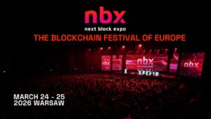 Next Block Expo conference stage with large audience in Warsaw announcing NBX 2026 on March 24–25