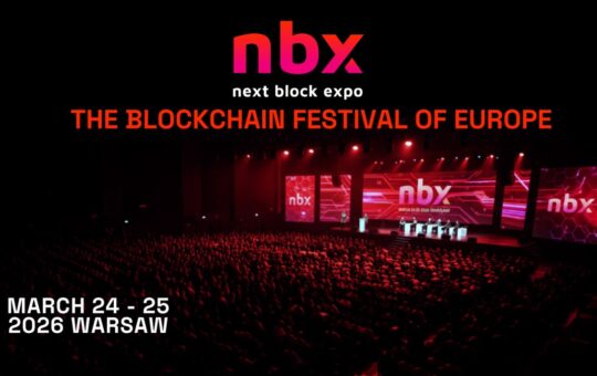 Next Block Expo conference stage with large audience in Warsaw announcing NBX 2026 on March 24–25