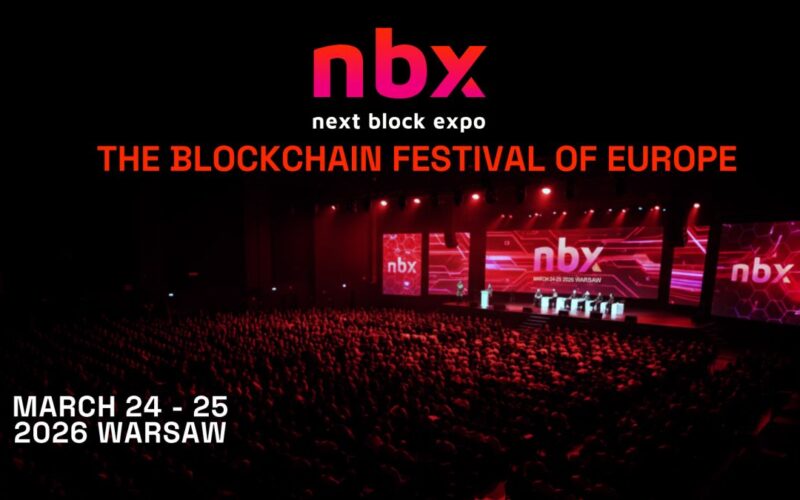 Next Block Expo conference stage with large audience in Warsaw announcing NBX 2026 on March 24–25