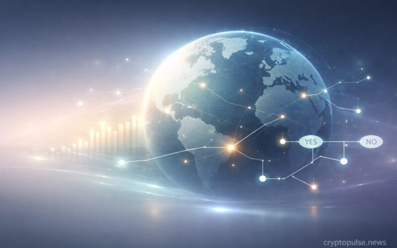 Futuristic globe with data networks and probability nodes representing global prediction markets and geopolitical trends