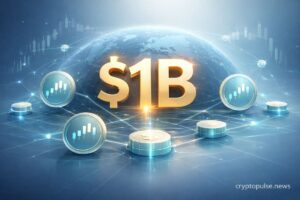 Tokenized stocks reach $1B on-chain as blockchain network connects digital stock tokens and financial market charts.