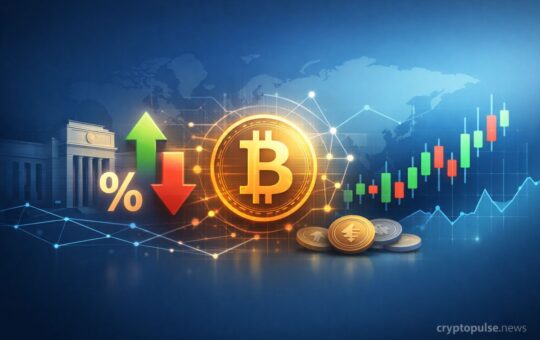 Bitcoin, interest rate arrows, and market charts illustrating FOMC impact on crypto, liquidity, and price trends