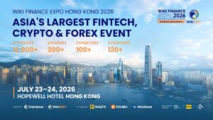 Wiki Finance Expo Hong Kong 2026 banner showing July 23–24 dates, Hopewell Hotel venue and event statistics over Hong Kong skyline