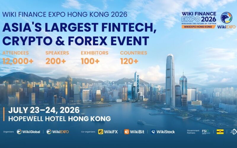 Wiki Finance Expo Hong Kong 2026 banner showing July 23–24 dates, Hopewell Hotel venue and event statistics over Hong Kong skyline