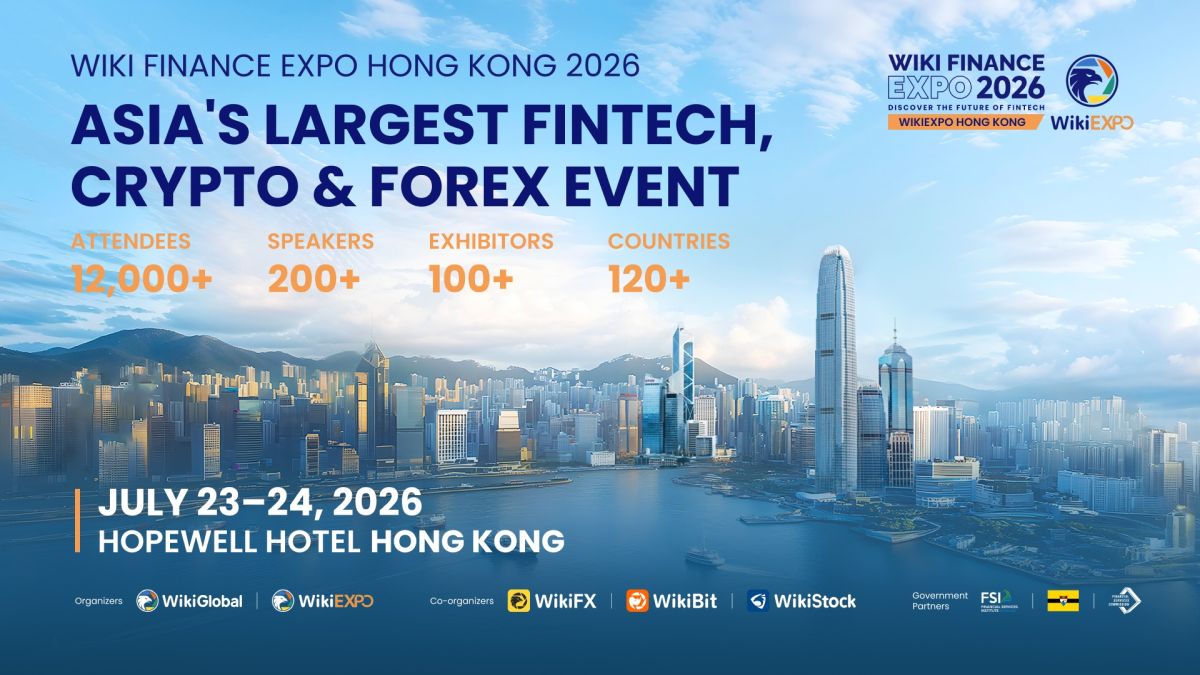Wiki Finance Expo Hong Kong 2026 banner showing July 23–24 dates, Hopewell Hotel venue and event statistics over Hong Kong skyline