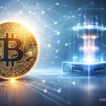 Bitcoin symbol beside a quantum computer representing potential quantum computing risk to Bitcoin cryptography and blockchain security