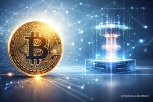 Bitcoin symbol beside a quantum computer representing potential quantum computing risk to Bitcoin cryptography and blockchain security