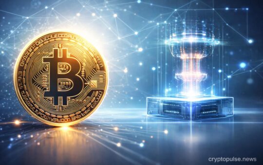 Bitcoin symbol beside a quantum computer representing potential quantum computing risk to Bitcoin cryptography and blockchain security