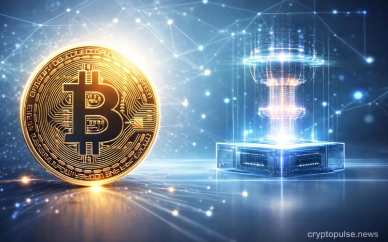 Bitcoin symbol beside a quantum computer representing potential quantum computing risk to Bitcoin cryptography and blockchain security