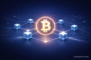 Bitcoin symbol connected to blockchain nodes with digital network lines, illustrating cryptocurrency basics and decentralized finance