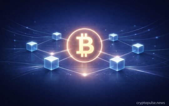 Bitcoin symbol connected to blockchain nodes with digital network lines, illustrating cryptocurrency basics and decentralized finance