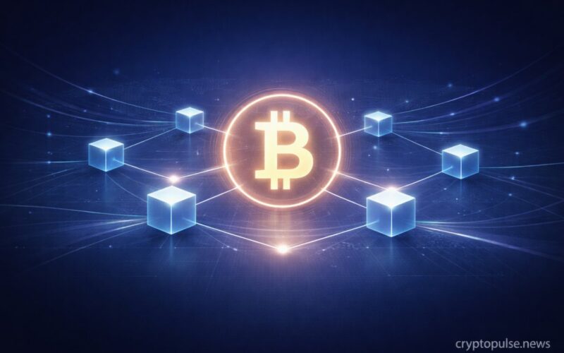 Bitcoin symbol connected to blockchain nodes with digital network lines, illustrating cryptocurrency basics and decentralized finance