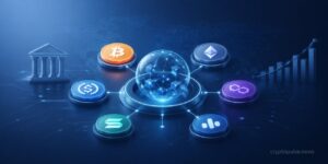 Cryptocurrency ecosystem showing Bitcoin, Ethereum, stablecoins, blockchain networks, and digital finance