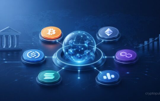 Cryptocurrency ecosystem showing Bitcoin, Ethereum, stablecoins, blockchain networks, and digital finance