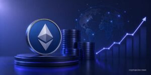 BitMine Ethereum treasury concept with ETH coin, rising chart and stacked reserves symbolizing 5M ETH holdings