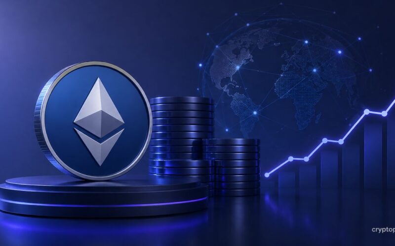 BitMine Ethereum treasury concept with ETH coin, rising chart and stacked reserves symbolizing 5M ETH holdings