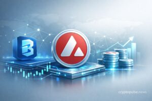 Avalanche AVAX token with staking concept, digital network and rising chart representing ETP investment and yield