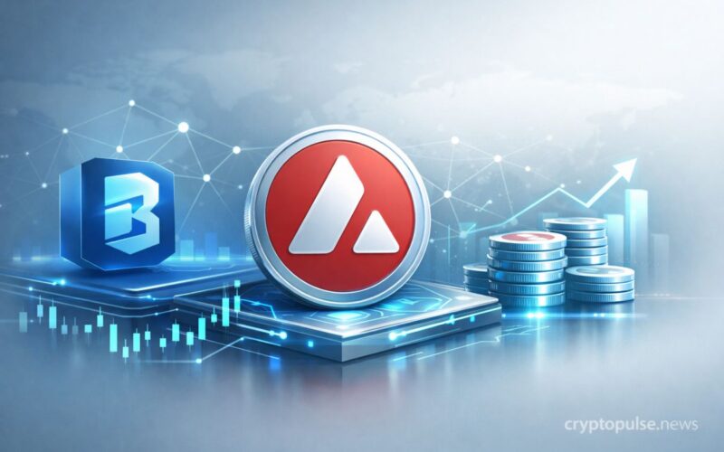 Avalanche AVAX token with staking concept, digital network and rising chart representing ETP investment and yield