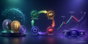 Illustration of crypto market cycles with charts, digital assets, analytics icons and repeating price phases