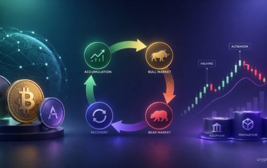 Illustration of crypto market cycles with charts, digital assets, analytics icons and repeating price phases