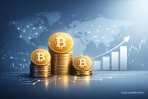 Stacks of Bitcoin coins with rising chart and global network, symbolizing corporate Bitcoin treasury growth and adoption