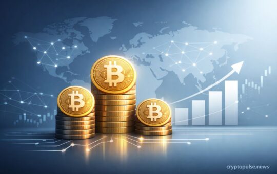 Stacks of Bitcoin coins with rising chart and global network, symbolizing corporate Bitcoin treasury growth and adoption