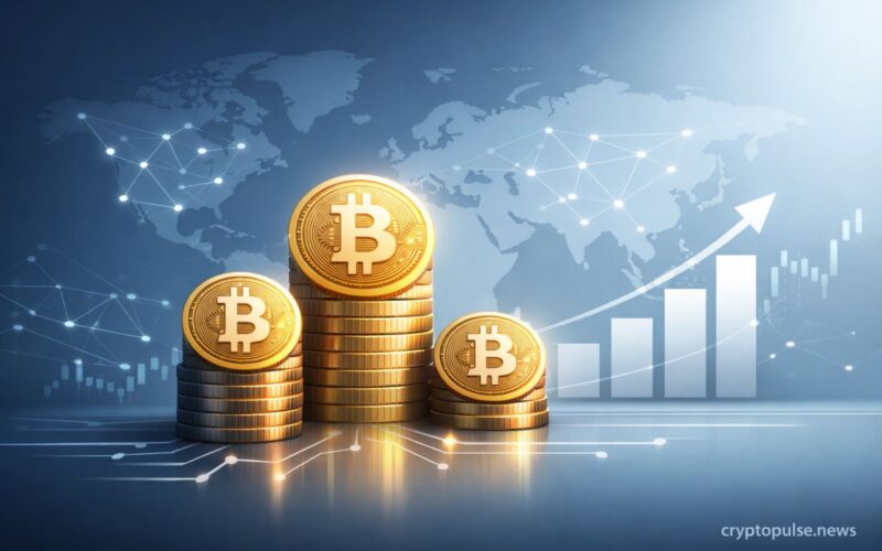 Stacks of Bitcoin coins with rising chart and global network, symbolizing corporate Bitcoin treasury growth and adoption