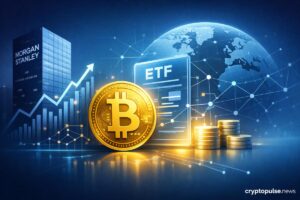 Bitcoin ETF concept with Morgan Stanley building, digital chart, and global network representing institutional crypto investment growth
