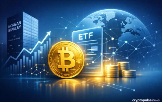Bitcoin ETF concept with Morgan Stanley building, digital chart, and global network representing institutional crypto investment growth