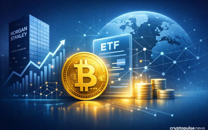 Bitcoin ETF concept with Morgan Stanley building, digital chart, and global network representing institutional crypto investment growth