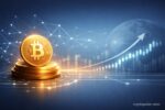 Bitcoin coins with rising chart and global network symbolizing Strategy's growing BTC holdings and corporate accumulation