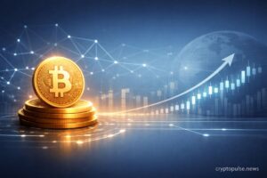 Bitcoin coins with rising chart and global network symbolizing Strategy's growing BTC holdings and corporate accumulation