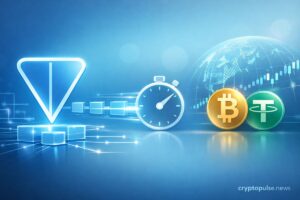 TON blockchain upgrade illustration showing sub-second transactions, digital blocks, and crypto symbols for real-time payments