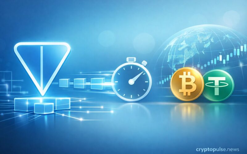 TON blockchain upgrade illustration showing sub-second transactions, digital blocks, and crypto symbols for real-time payments